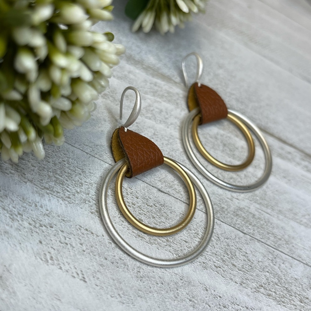 Gold Silver Circular Drop Earrings, Faux Leather